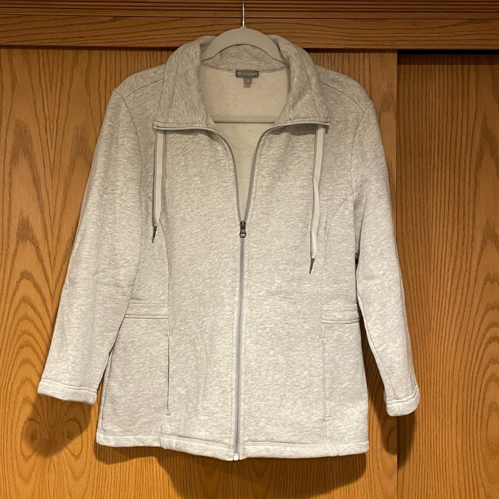 T by Talbots Zip Up Fleece Lined Cotton-Blend Spring Jacket, Sz L in lt. gray